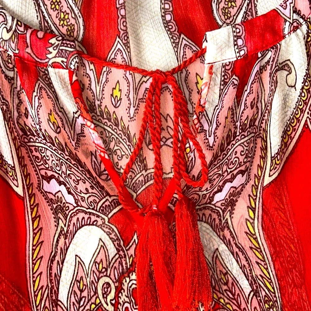 Rose & Olive Paisley Peasant Top M Red Colorful Sheer Loose Career